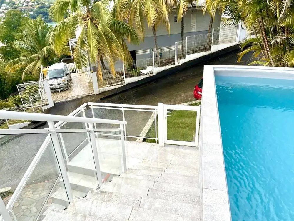 Garde-corps vitré autour d'une piscine, vue sur les palmiers